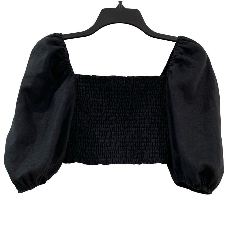 Reformation,Linen Smocked Crop Blouse, Black